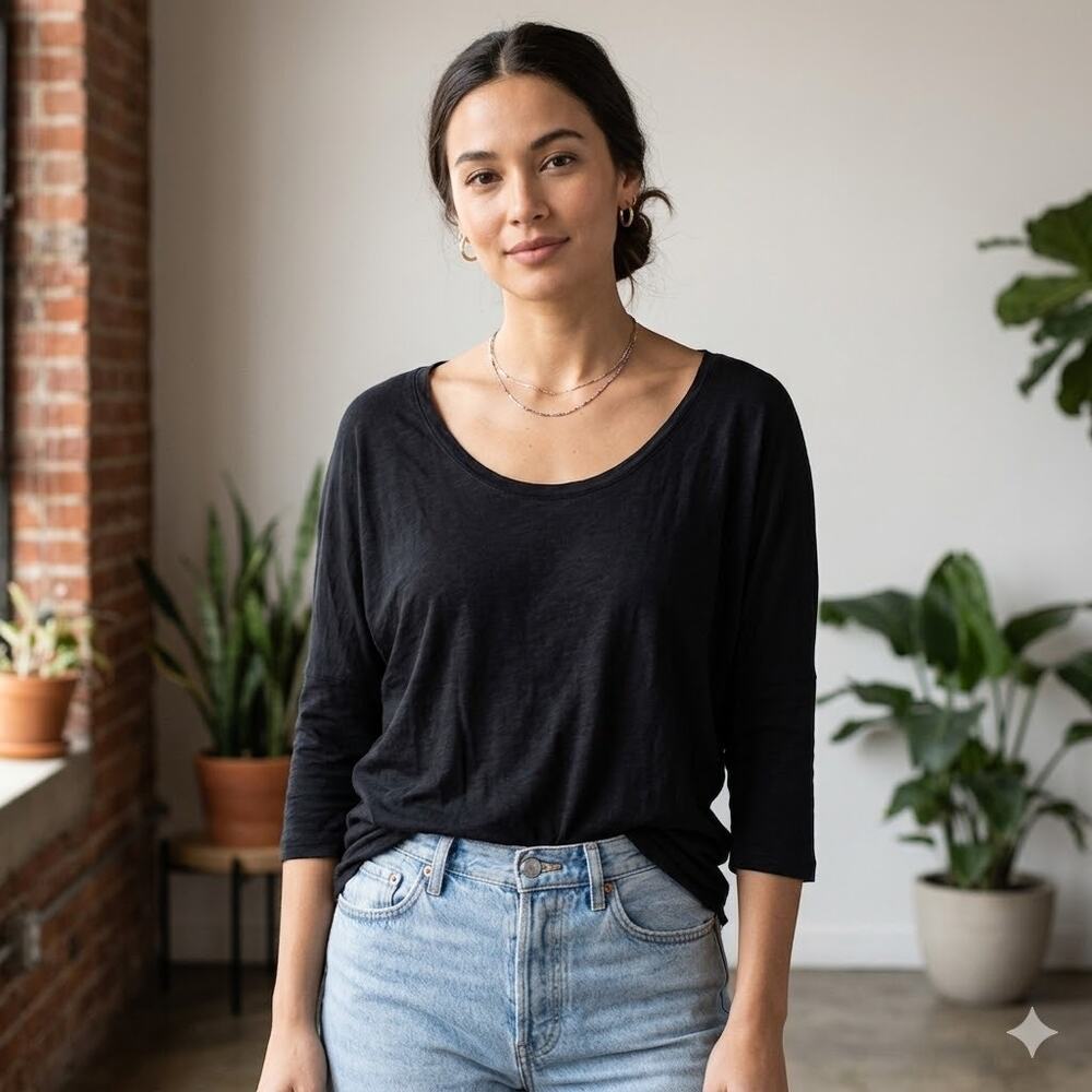 Bobi Los Angeles Black Dolman 3/4 Sleeve Tee Large Soft Slub Cotton Top